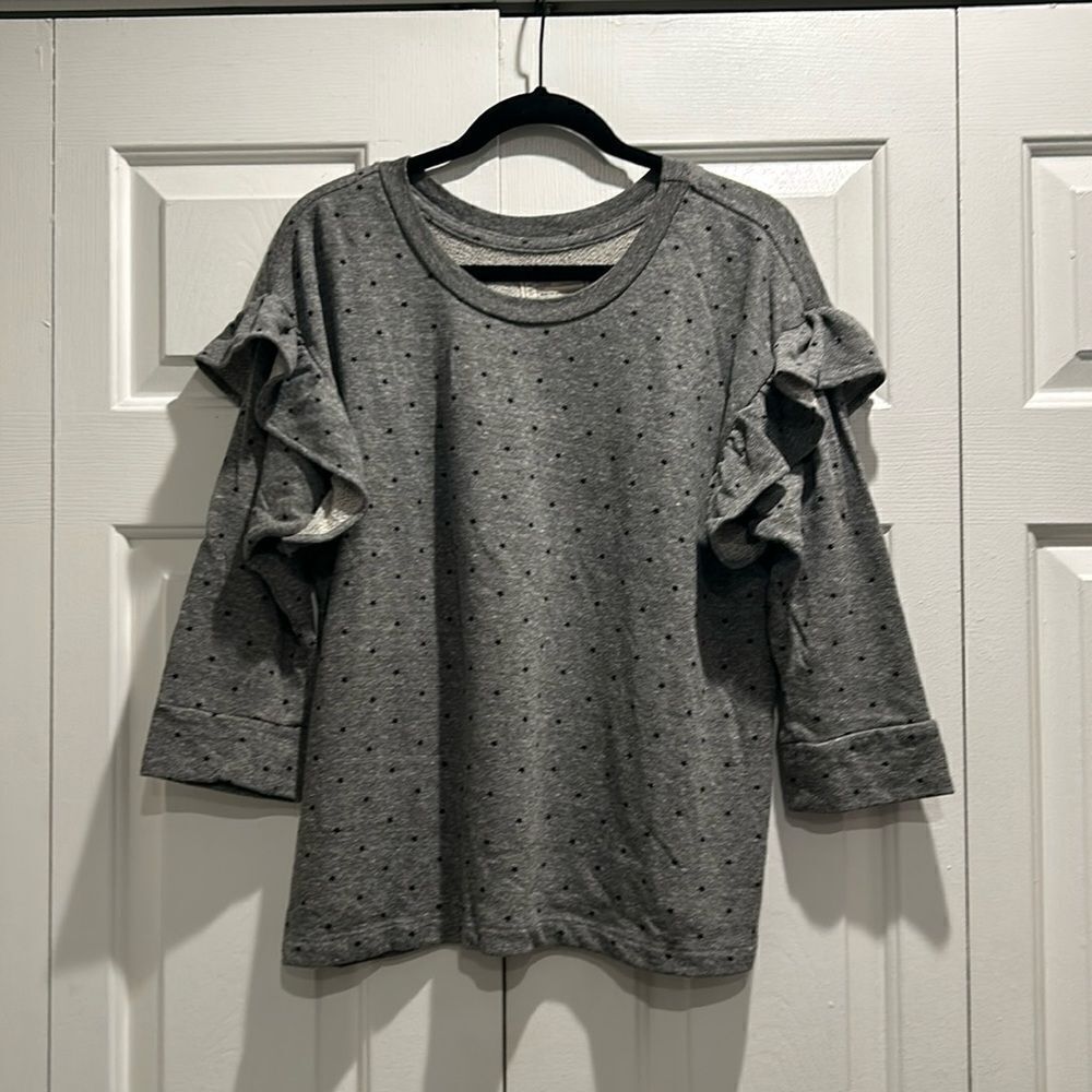 Current Elliott Ruffle Sweatshirt, Heather Gray w Mini Black Stars, Size Medium